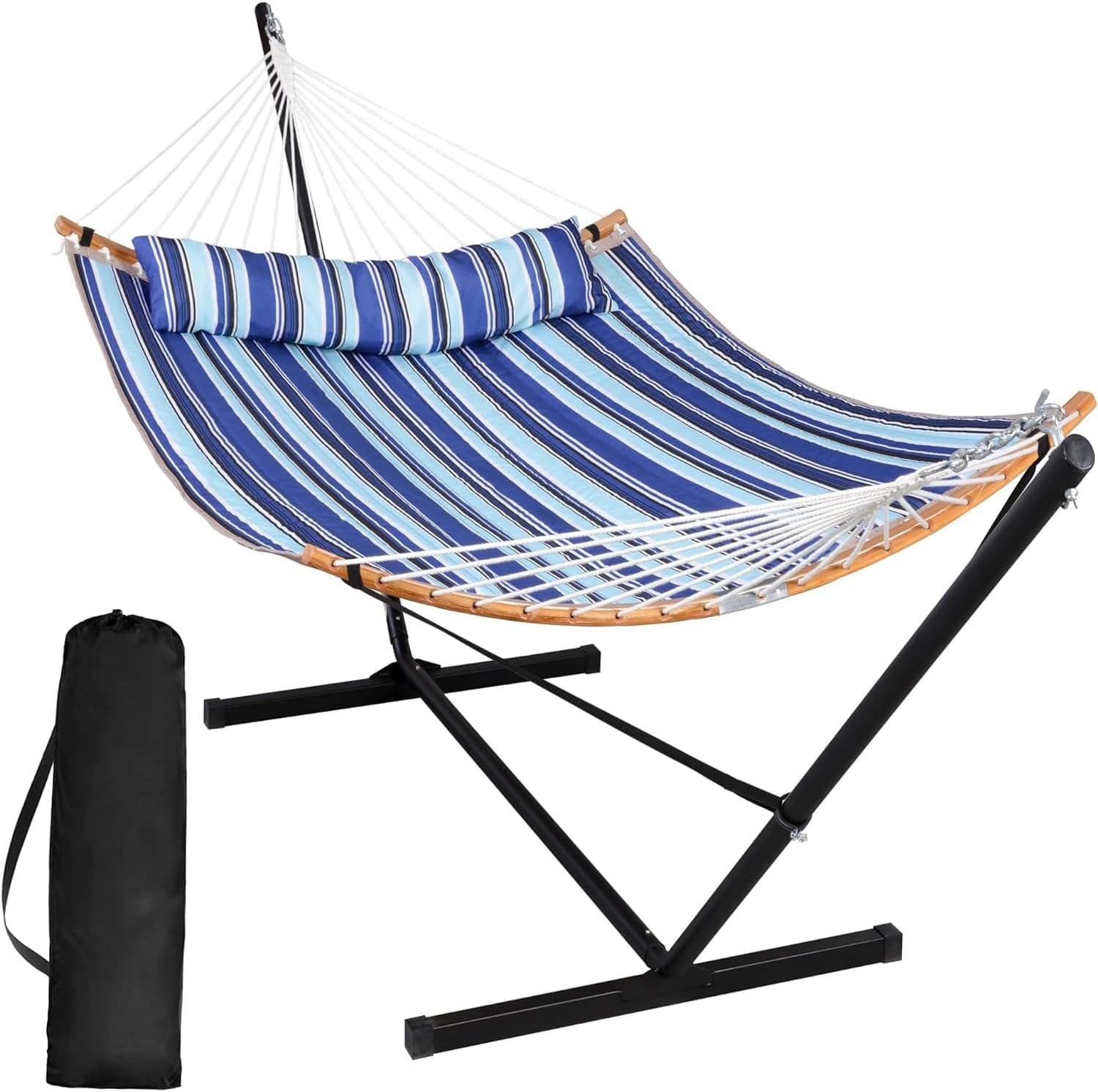 SUNCREAT Double Hammock with Steel Stand Included, 146"L x 55.1"W,Blue Stripes