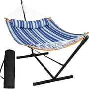 SUNCREAT Double Hammock with Steel Stand Included, 146"L x 55.1"W,Blue Stripes