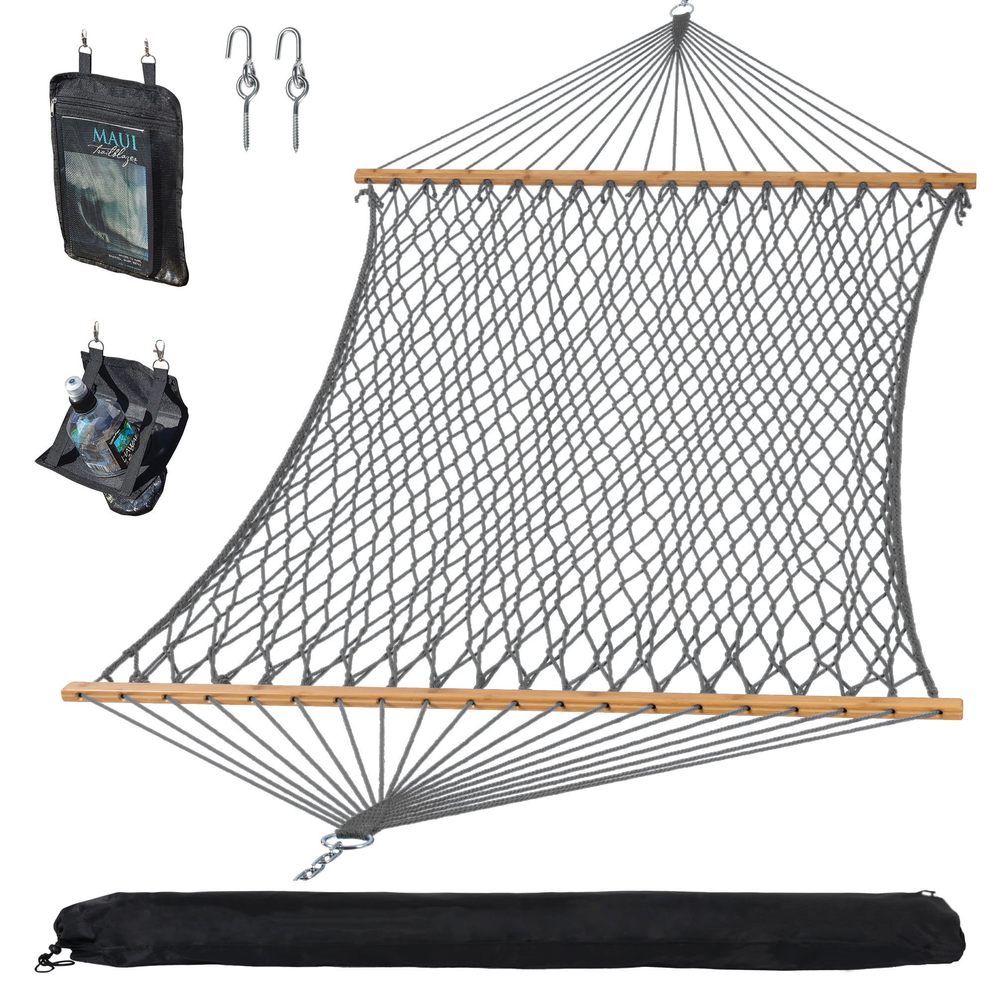 SUNCREAT Double Outdoor Hammock, Polyester Rope Hammock with Strong Spreader Bar, Gray