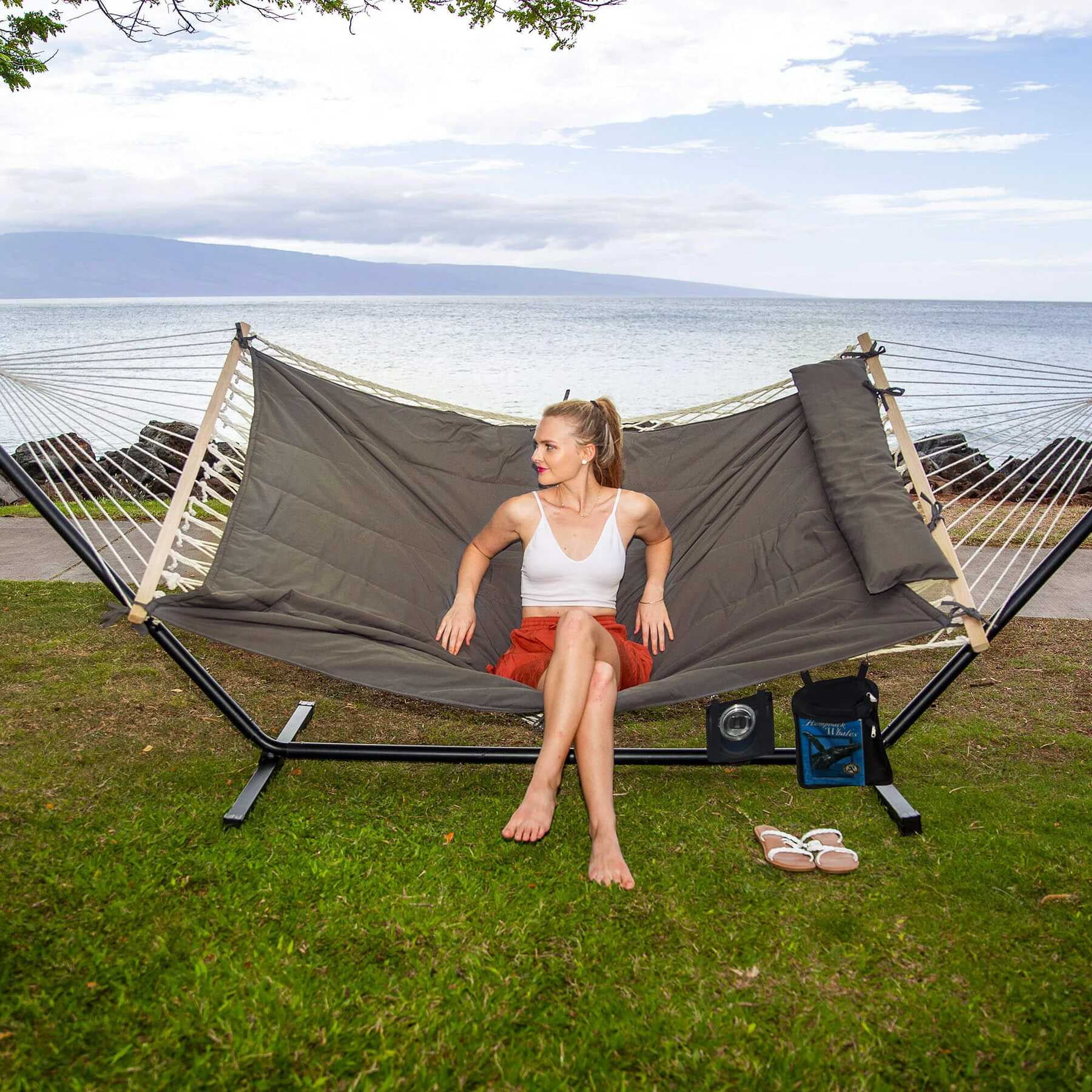 SUNCREAT Double Outdoor Hammock with Stand Cotton Rope Hammock with Polyester Pad Dark Gray