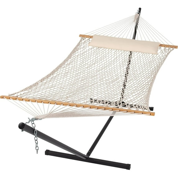 SUNCREAT Double Outdoor Hammock with Stand Included, Portable Cotton Rope 2 Person Hammock , Beige