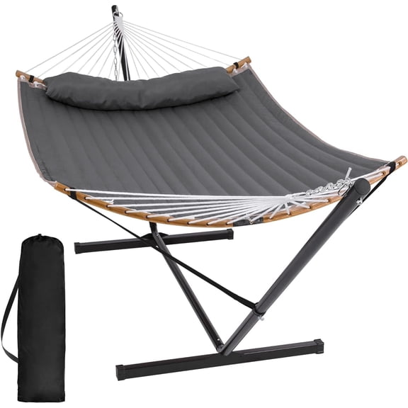 SUNCREAT Double Portable Hammock with Stand, 2 Person Hammock with Curved Spreader Bar, Balance Ropes Included, Dark Gray