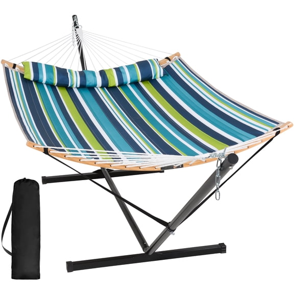 SUNCREAT Double Portable Hammock with Stand, 2 Person Hammock with Curved Spreader Bar, Balance Ropes Included, Sea Blue Stripe