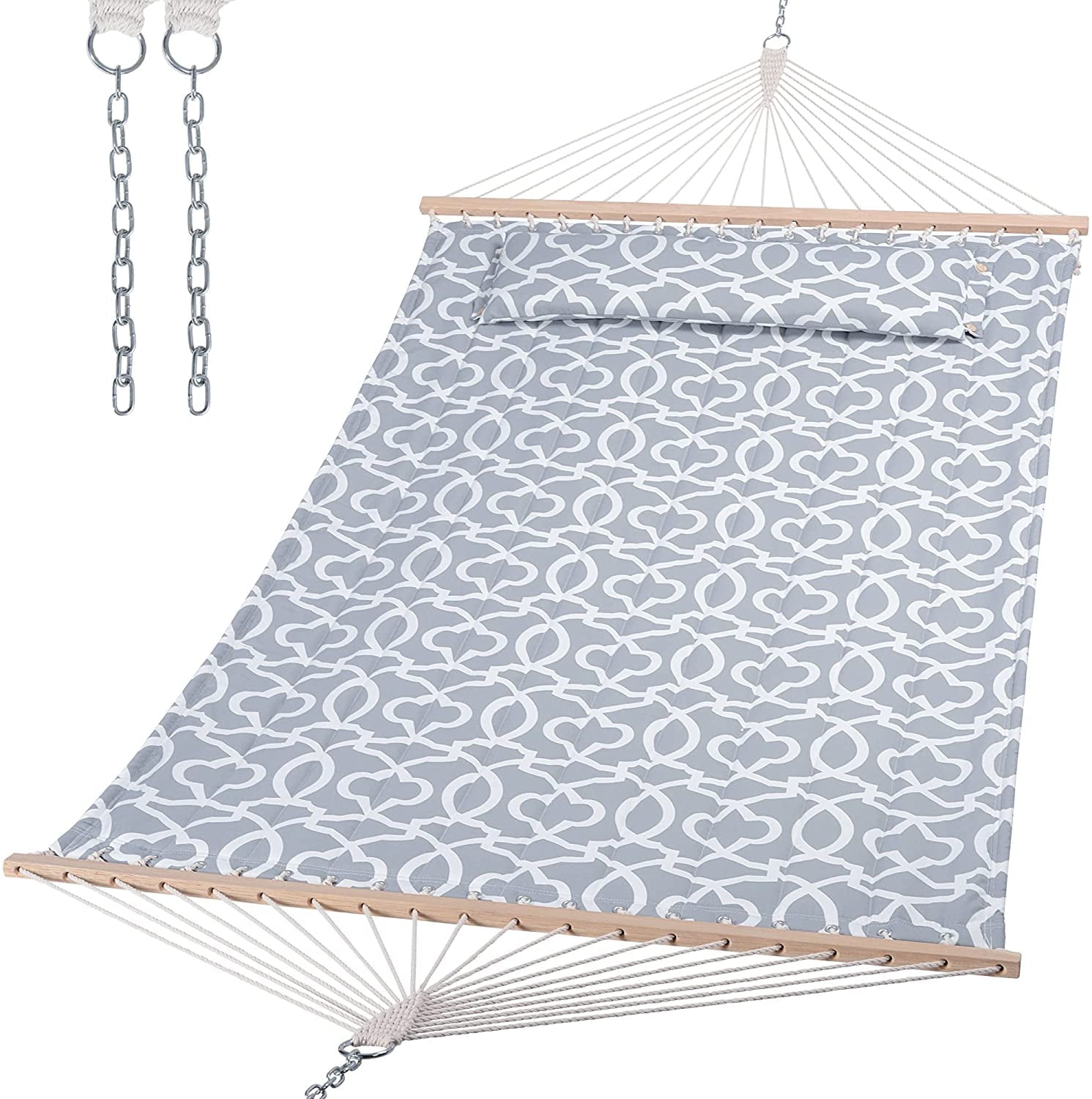 SUNCREAT Double Quilted Hammock, Heavy Duty 2 Person Hammock for Indoor, Outdoor, 78.7"L x 59.1"W,Grey Pattern（Stand is Not Include）