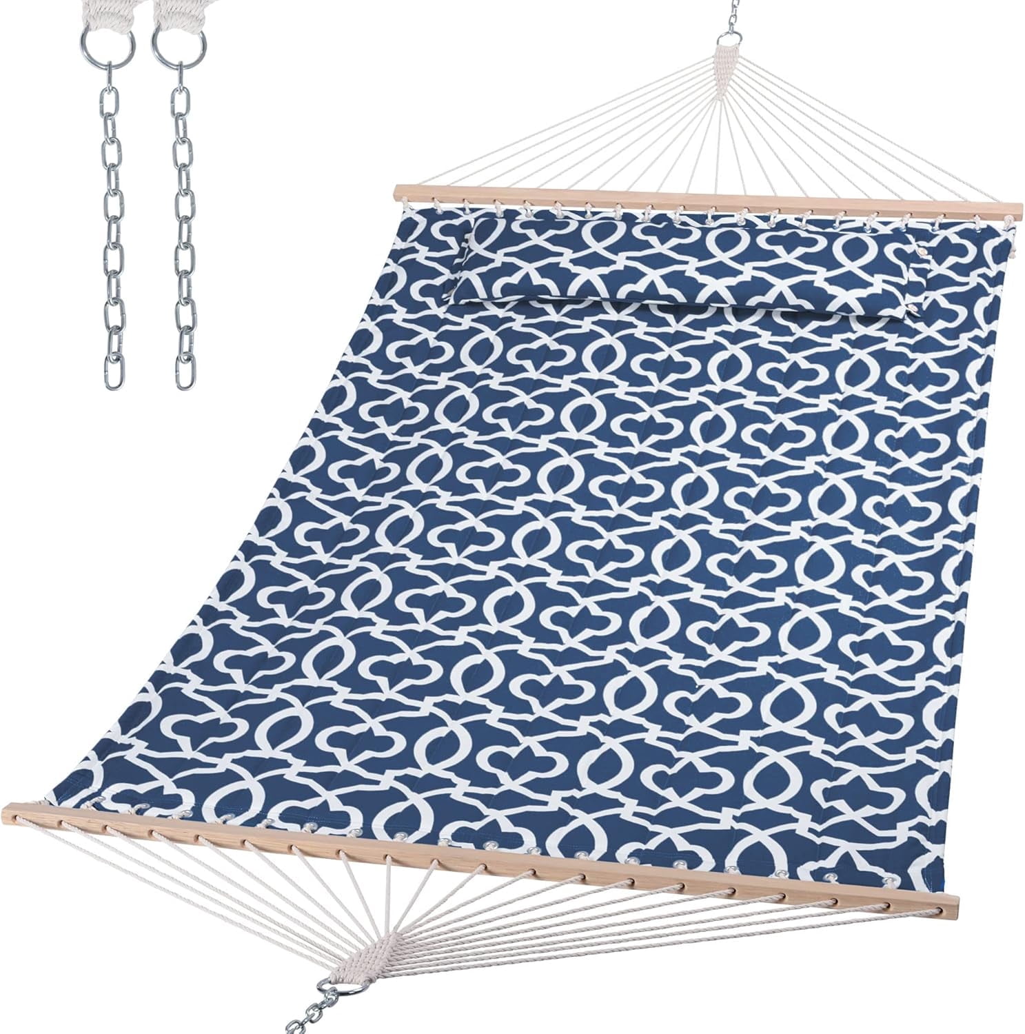 SUNCREAT Double Tree Hammock with Hardwood Spreader Bar, Extra Large Soft Pillow, Heavy Duty Hanging Hammock for Indoor, Outdoor, Blue Pattern