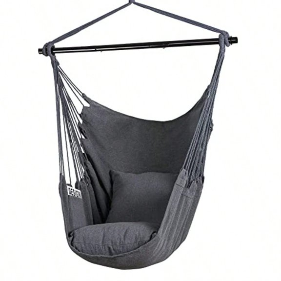 SUNCREAT Hammock Chair Swing With Steel Support Bar Side Pocket Large Hanging Chair Outdoor Max 450lbs Capacity Dark Gray