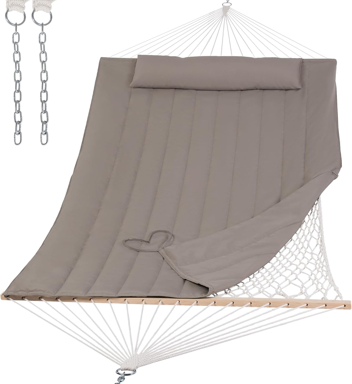 SUNCREAT Hammocks 2 Person Hammock with Hardwood Spreader Bar, Double Rope Hammock with Polyester Pad, Brown