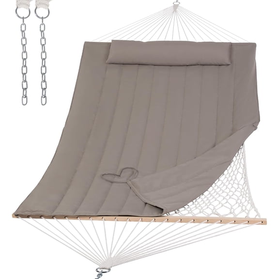 SUNCREAT Hammocks 2 Person Hammock with Hardwood Spreader Bar, Double Rope Hammock with Polyester Pad, Brown