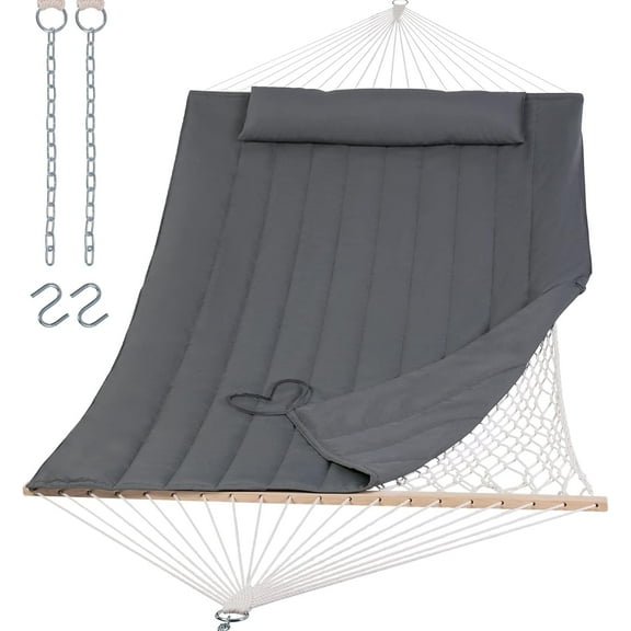 SUNCREAT Hammocks 2 Person Hammock with Hardwood Spreader Bar, Double Rope Hammock with Polyester Pad, Dark Gray