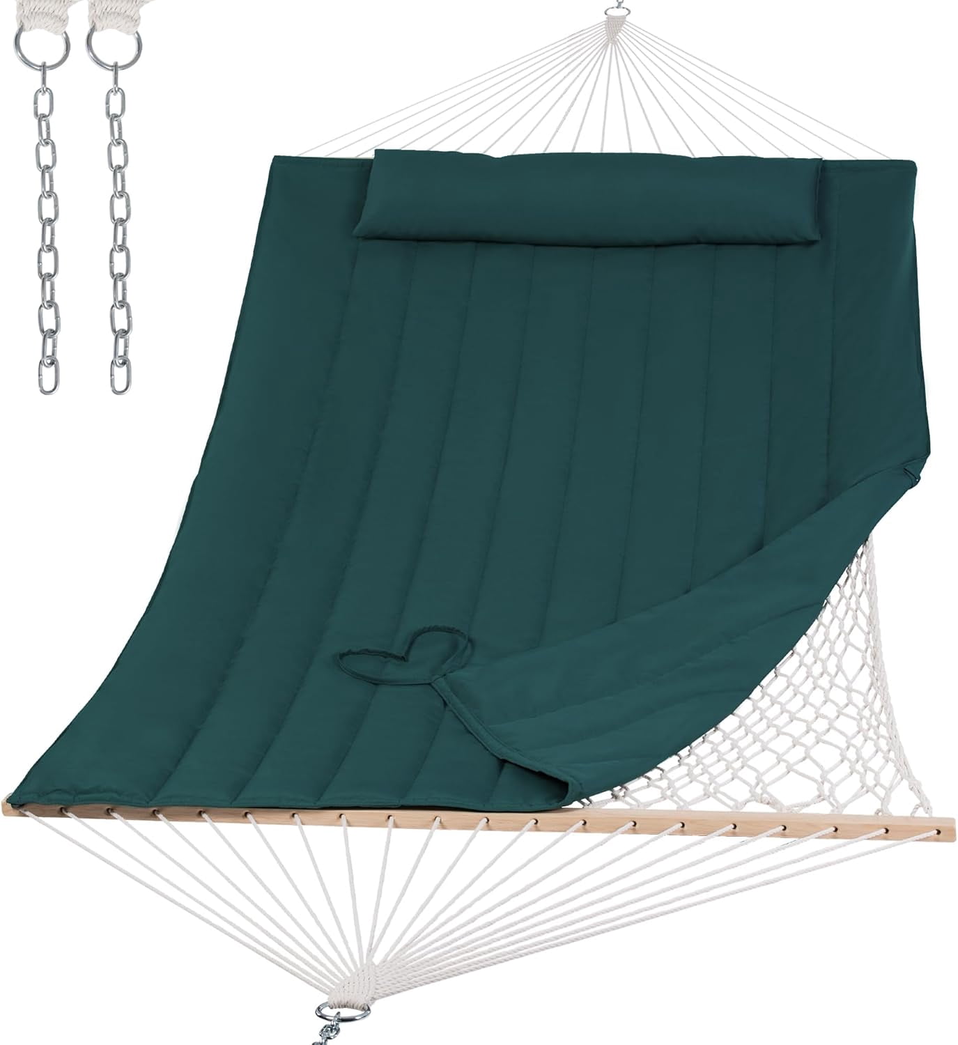 SUNCREAT Hammocks 2 Person Hammock with Hardwood Spreader Bar, Double Rope Hammock with Polyester Pad, Dark Green