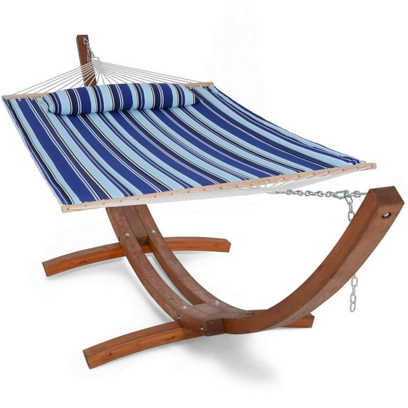 SUNCREAT Hammocks 2 Person Hammock with Stand, Portable Patio Hammock with 13.5 ft Wooden Stand, Blue Stripes