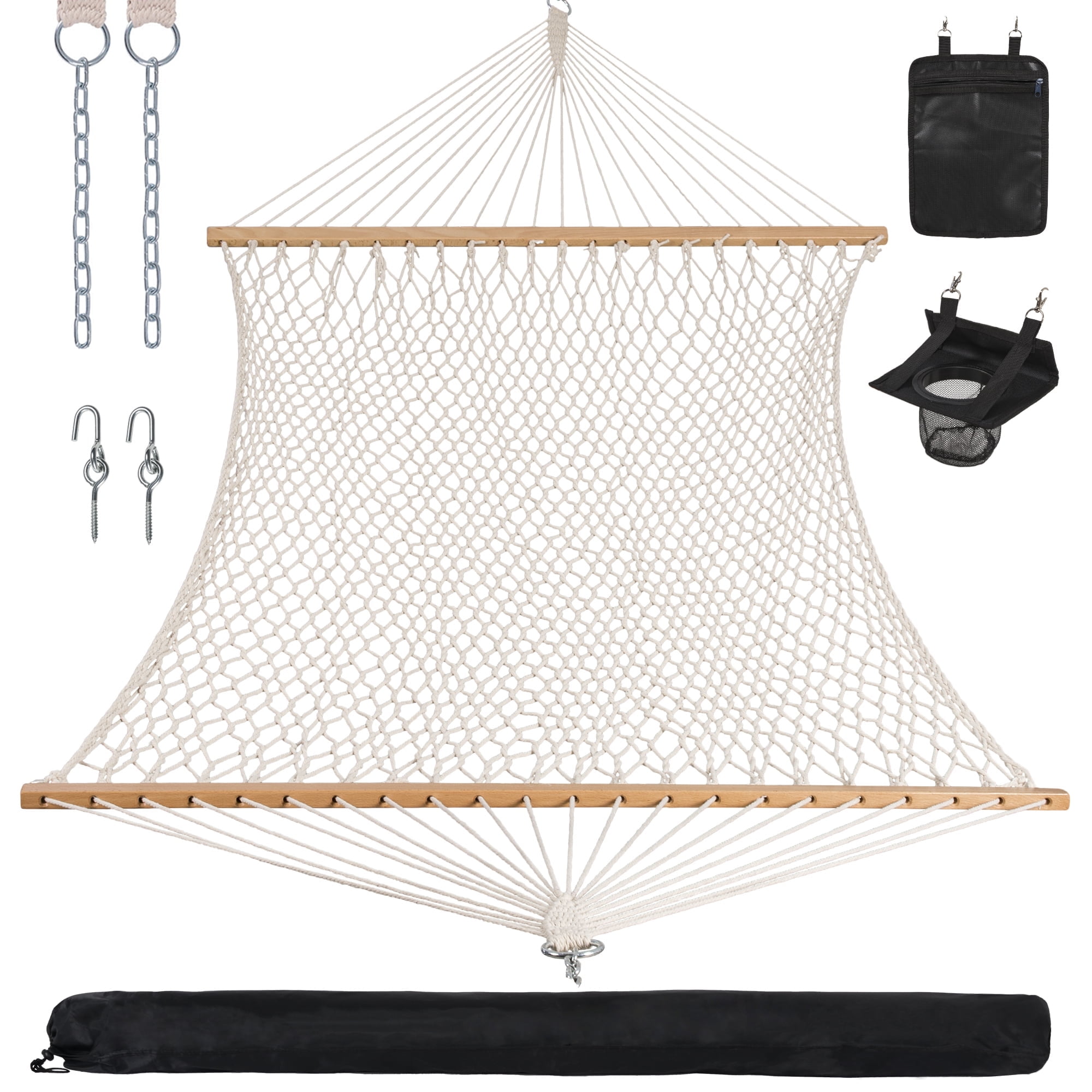 SUNCREAT Hammocks Cotton Rope Double Hammock, 450 lbs Capacity, Natural（Stand Is Not Include）