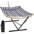 thumbnail image 1 of SUNCREAT Hammocks Extra Large Hammock with Stand Included, Double Hammock with Curved Spreader Bar, Black Stripes, 1 of 8