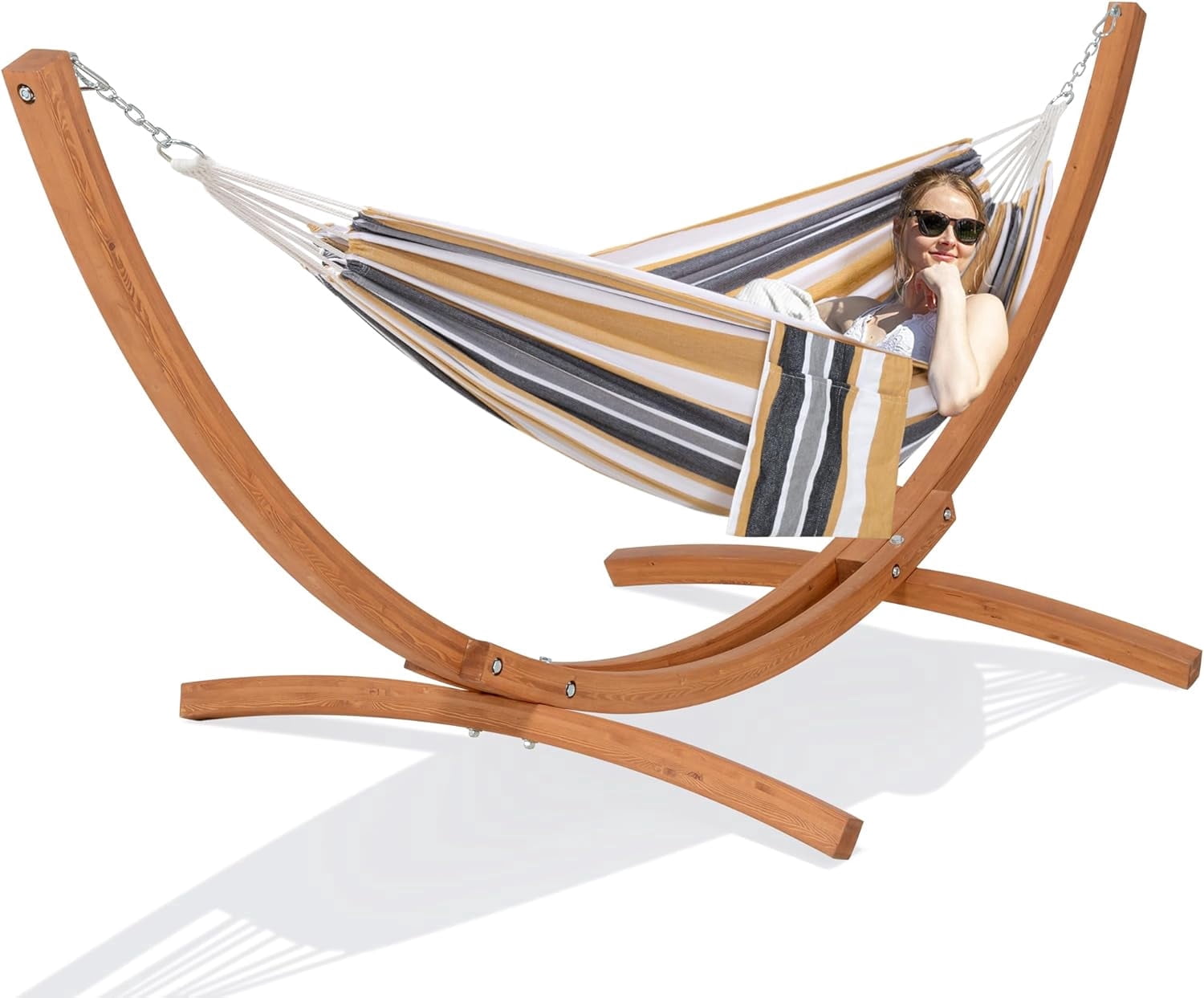 SUNCREAT Hammocks Freestanding Hammock with 10 ft Wooden Stand Included, Stand Alone Hammock for Outside, 475 lbs Capacity, Coffee