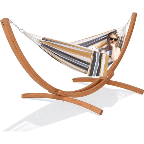SUNCREAT Hammocks Freestanding Hammock with 10 ft Wooden Stand Included, Stand Alone Hammock for Outside, 475 lbs Capacity, Coffee