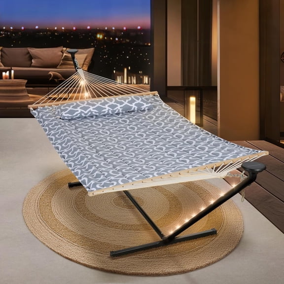 SUNCREAT Hammocks Outdoor 2 Person Hammock with Solar Powered Lights, Double Hammock with 12 ft Stand Included, Light Gray