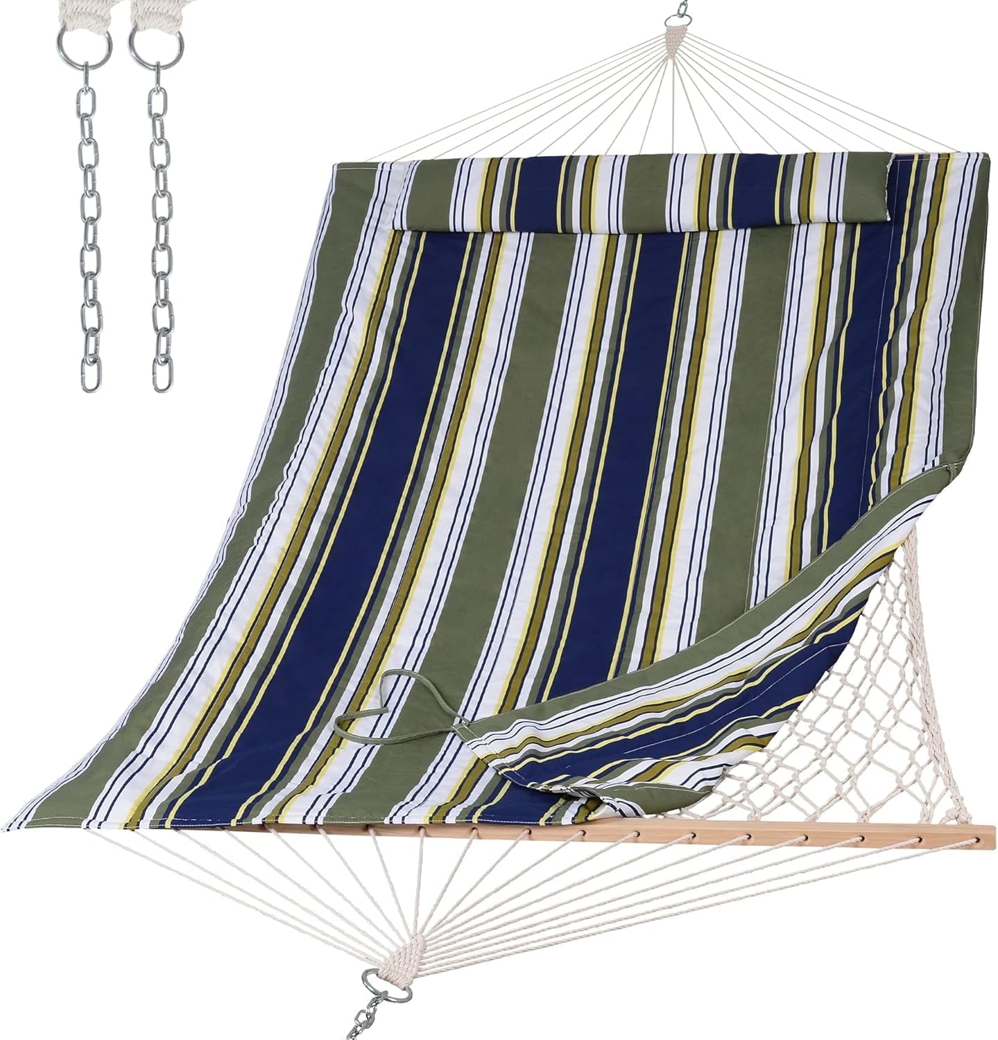 SUNCREAT Hammocks Outdoor Double Hammock with Hardwood Spreader Bar, Cotton Rope Hammock with Polyester Pad (Blue&Aqua)