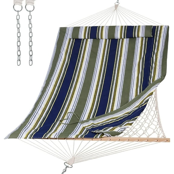 SUNCREAT Hammocks Outdoor Double Hammock with Hardwood Spreader Bar, Cotton Rope Hammock with Polyester Pad (Blue&Aqua)