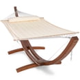 thumbnail image 1 of SUNCREAT Hammocks Patio Hammock with Stand, 2 Person Heavy Duty Curved Hammock with 14 ft Wooden Stand,Beige, 1 of 10