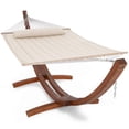 thumbnail image 1 of SUNCREAT Hammocks Patio Hammock with Stand, 2 Person Heavy Duty Curved Hammock with 14 ft Wooden Stand,Beige, 1 of 8
