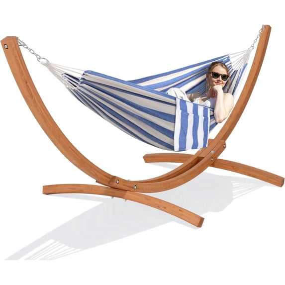 SUNCREAT Hammocks for Outside with Stand, Porch Hammock and Stand, 475 lbs Capacity, Blue & White