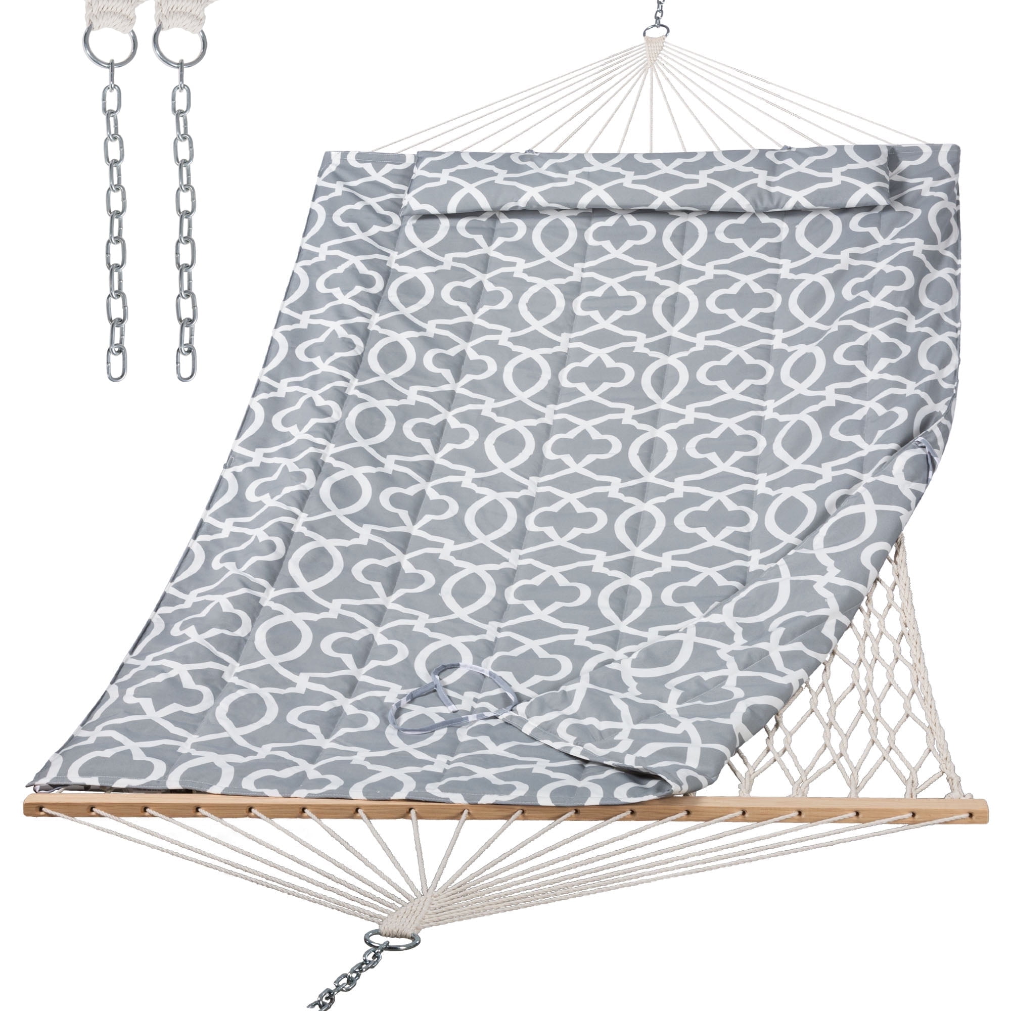 SUNCREAT Heavy Duty Hammock with Hardwood Spreader Bar, Double Rope Hammock with Polyester Pad, Gray