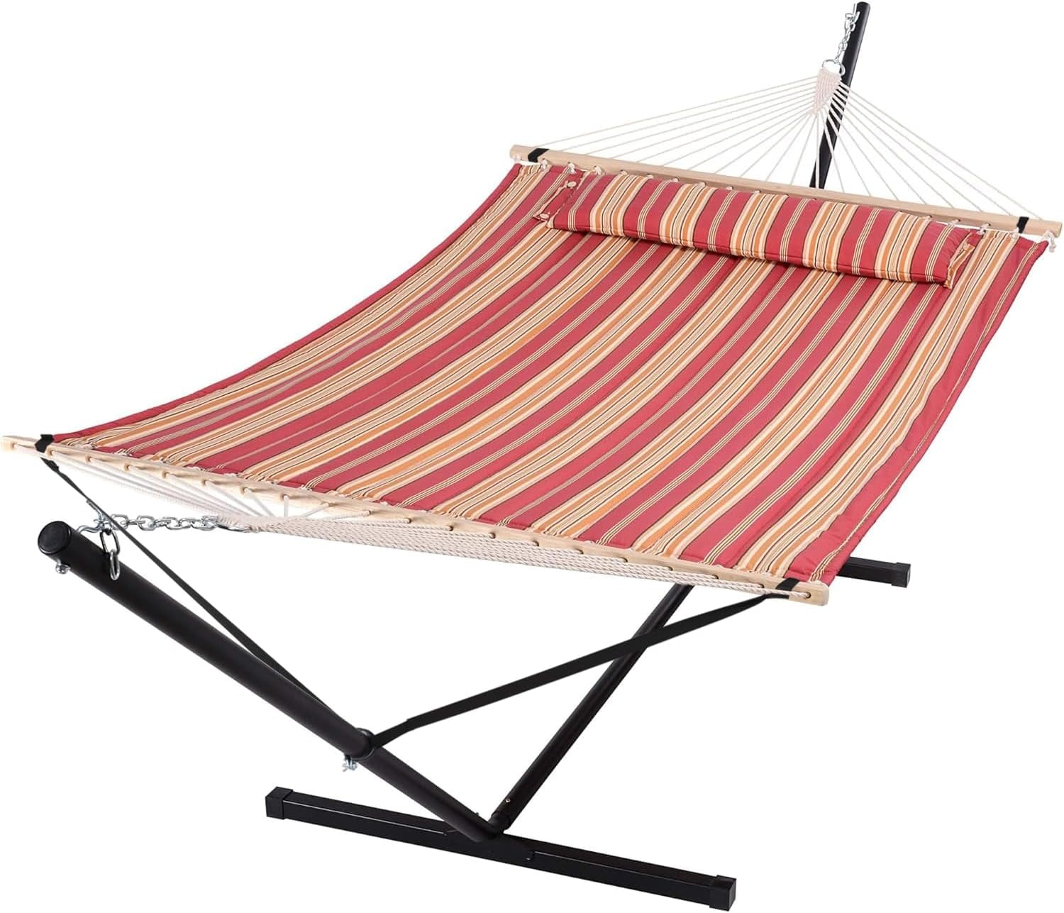 Red Striped Two-Person Quilted Fabric Hammock with Steel Stand