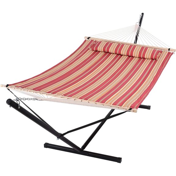 SUNCREAT Outdoor Hammock with 12ft Steel Stand, 146” (L) x 55.1” (W) x 44.1” (H), Red Stripes
