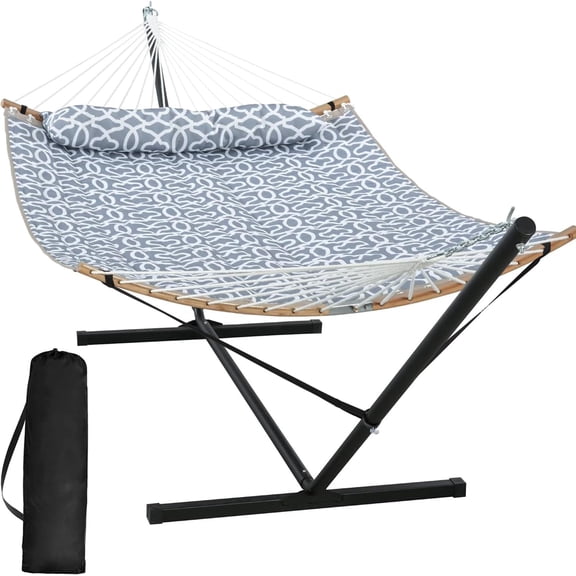 SUNCREAT Outdoor Hammock with Curved Spreader Bar, 100% Polyester Fabric with Poly Fiber Filling, Gray Pattern