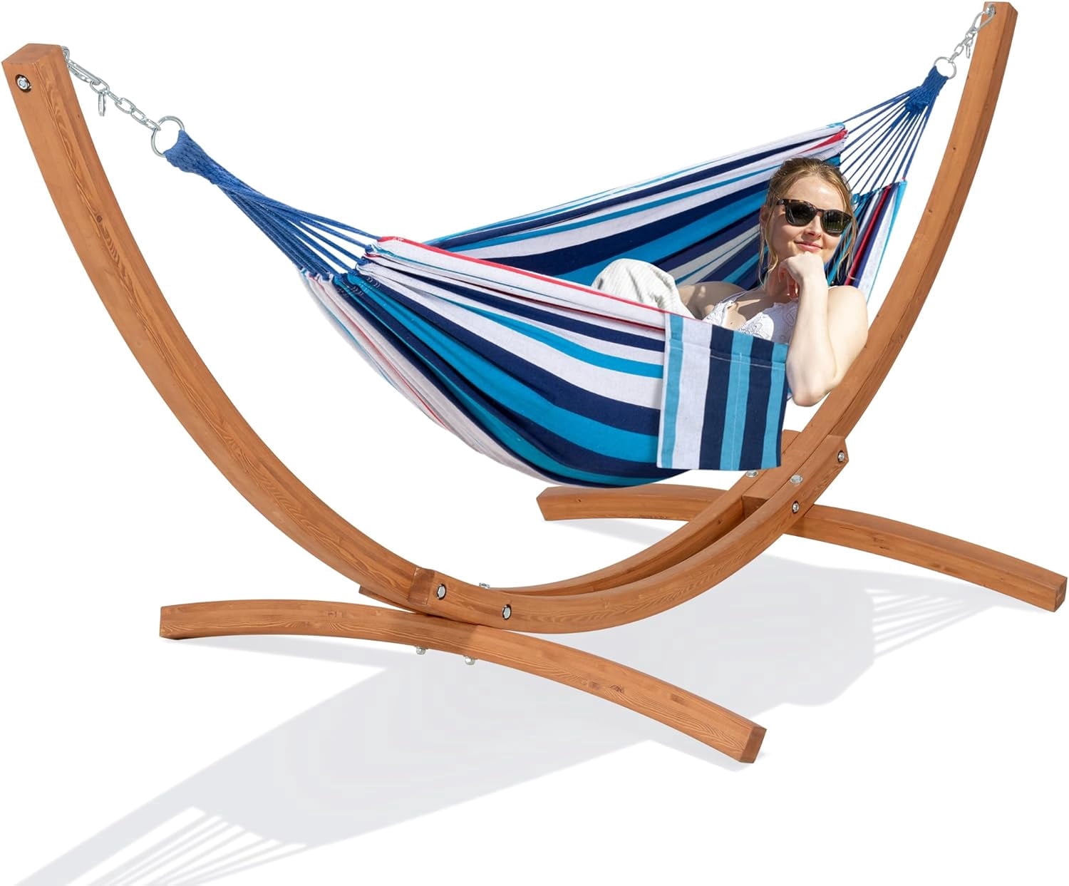 SUNCREAT Outdoor Hammock with Stand Included, Portable Hammock with 10 ft Wooden Stand, Blue Stripes
