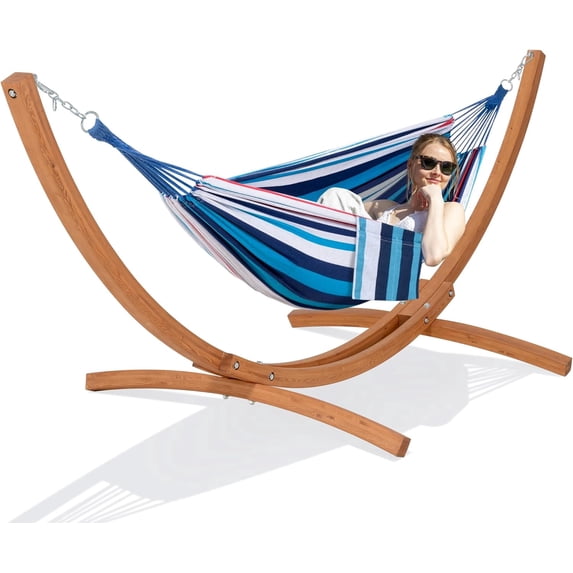 SUNCREAT Outdoor Hammock with Stand Included, Portable Hammock with 10 ft Wooden Stand, Blue Stripes