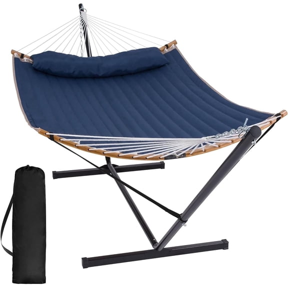 SUNCREAT Polyester Outdoor Hammock with Curved Spreader Bar & Stand, 450 lbs Capacity,Dark Blue