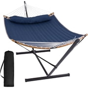 SUNCREAT Polyester Outdoor Hammock with Curved Spreader Bar & Stand, 450 lbs Capacity,Dark Blue