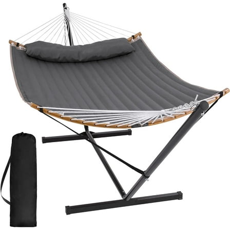 SUNCREAT Double Portable Hammock with Stand, 2 Person Hammock with Curved Spreader Bar, Balance Ropes Included, Dark Gray