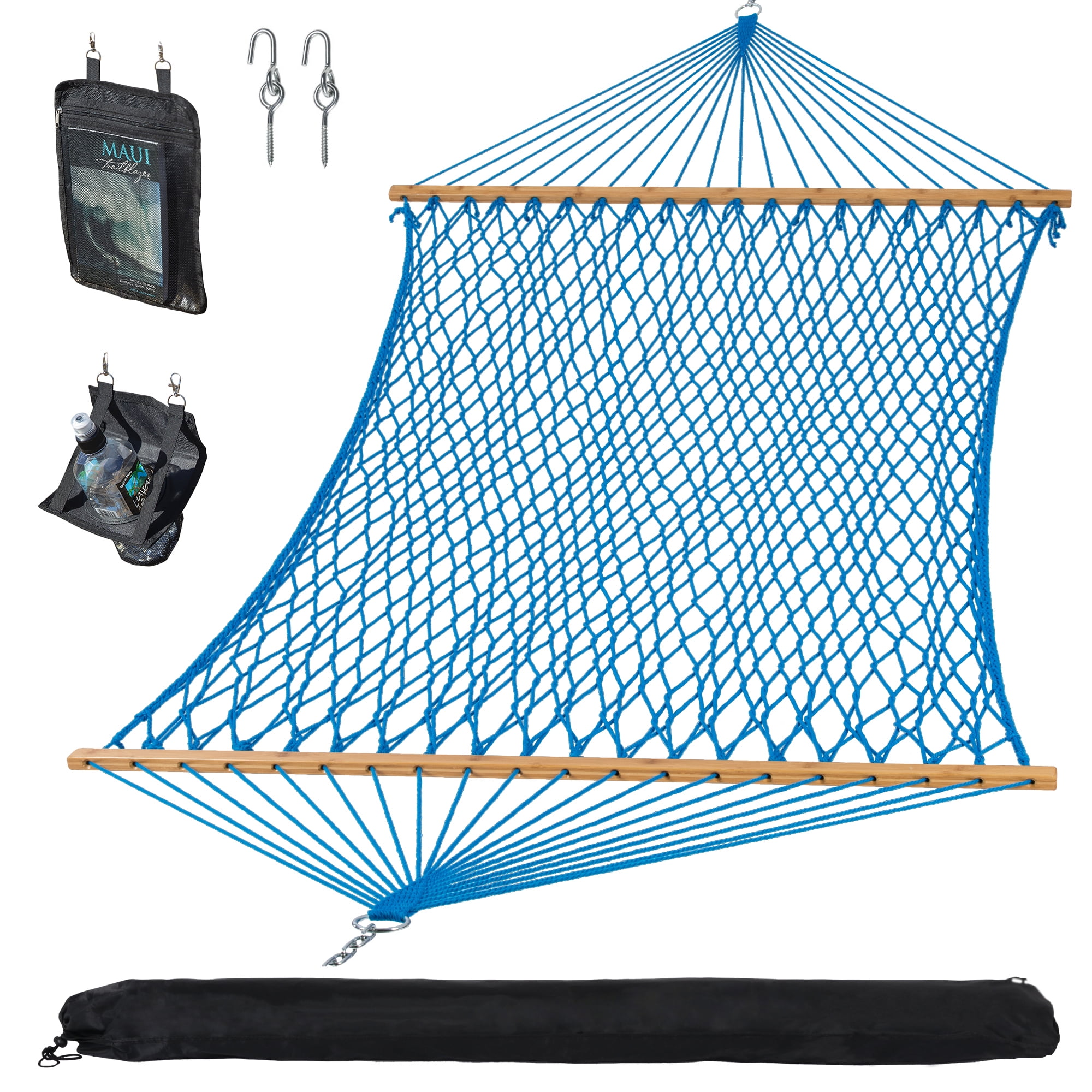 SUNCREAT Polyester Rope Hammock , 450 lbs Capacity, Two Person Hammock with Tree Hooks, Blue