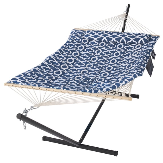 SUNCREAT Polyster Double Portable Hammock with Stand Included,Extra Large Two Person Hammock, Blue Pattern