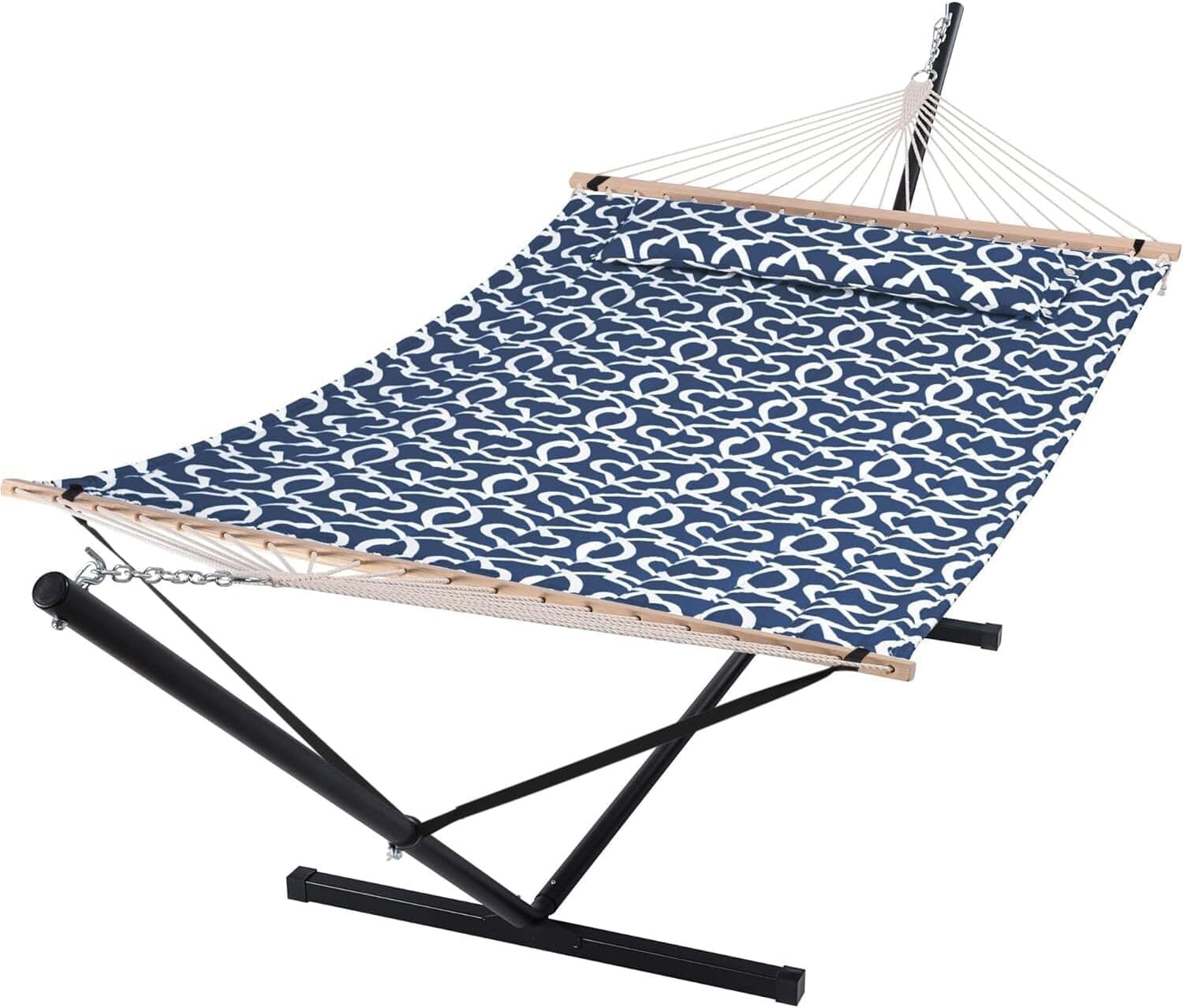 SUNCREAT Polyster Two Person Hammock with 12 ft. Stand, 475 lbs Capacity, 44.1” (H), Blue Pattern