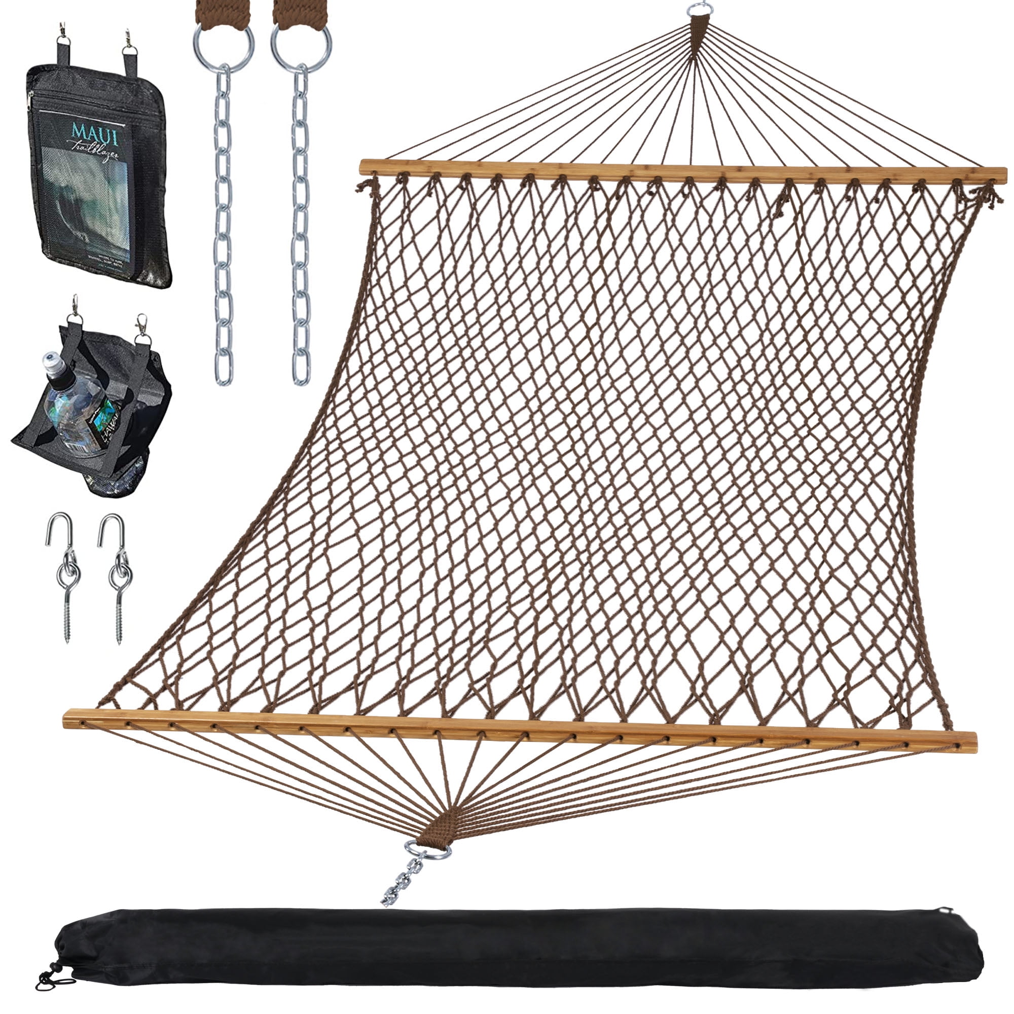 SUNCREAT Portable 2 Person Hammock with Carrying Bag, Tree Hooks, Magazine Bag, Bottle Holder, Brown