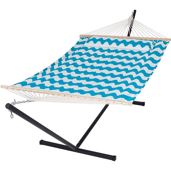 SUNCREAT Two Person Hammock with Stand, Hardwood Spreader Bar, Portable Freestanding, Light Blue Waves