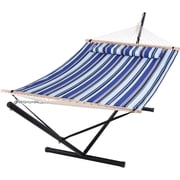 SUNCREAT Two Person Quilted Hammock with Stand Heavy Duty,Max 475lbs Capacity, 146 x 55.1 inches, Blue Stripes