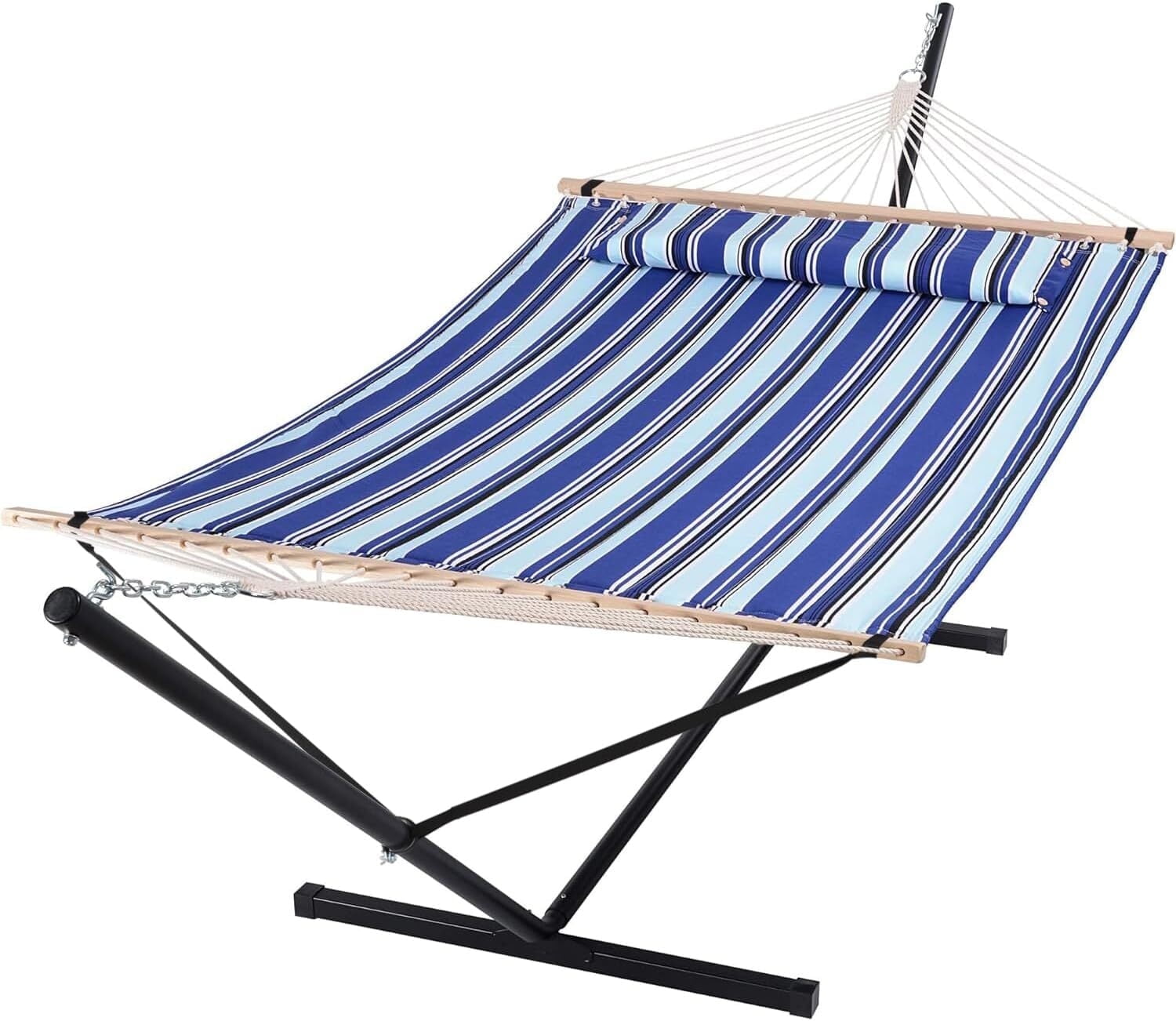 SUNCREAT Two Person Quilted Hammock with Stand Heavy Duty,Max 475lbs Capacity, 146 x 55.1 inches, Blue Stripes