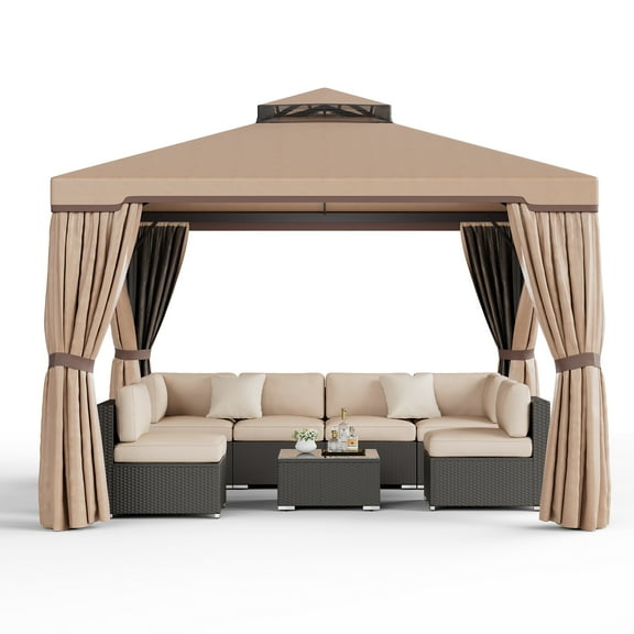 SUNCROWN 10 x 10 FT Outdoor Gazebo for Patio Iron Frame Garden Permanent Gazebo with Vented Soft Canopy and Mosquito Netting, Khaki ﻿