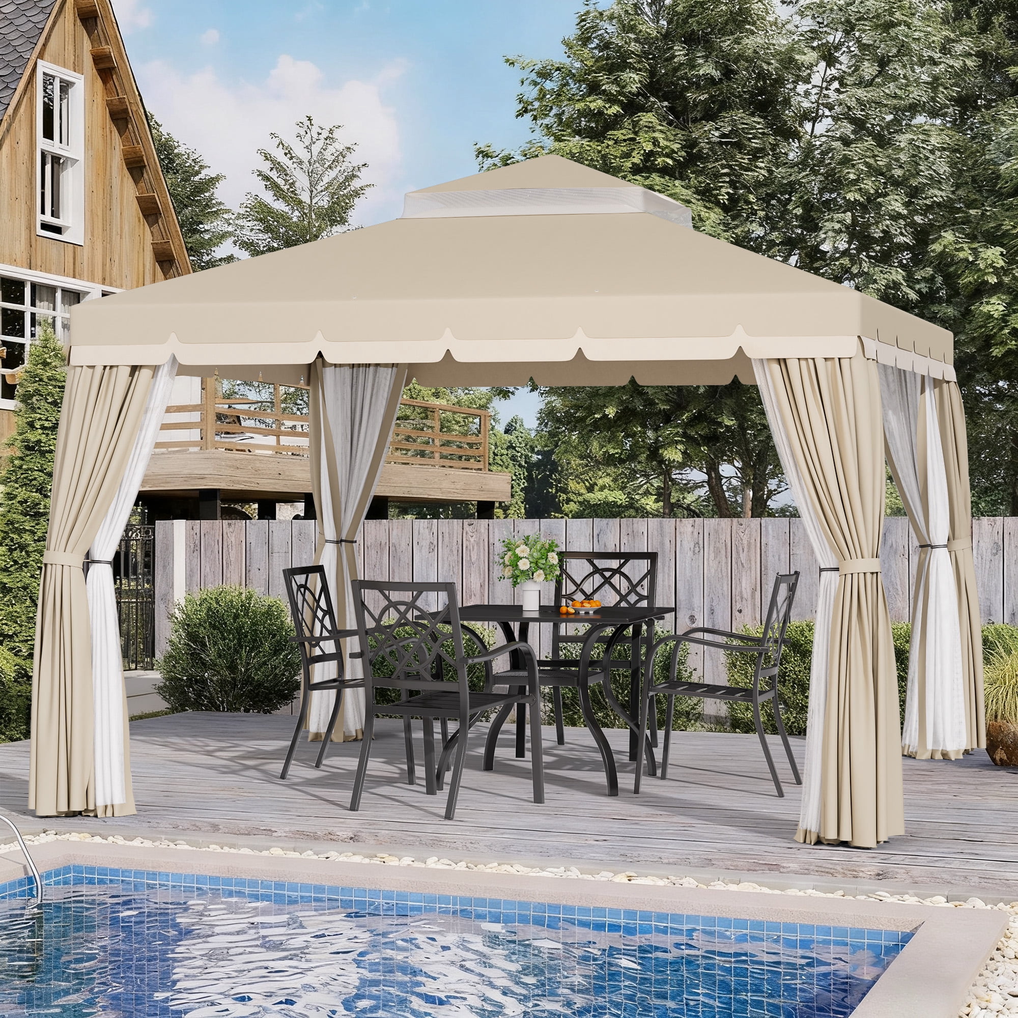 SUNCROWN 10 x 10 Outdoor Patio Canopy Gazebo with Mosquito Netting- Beige