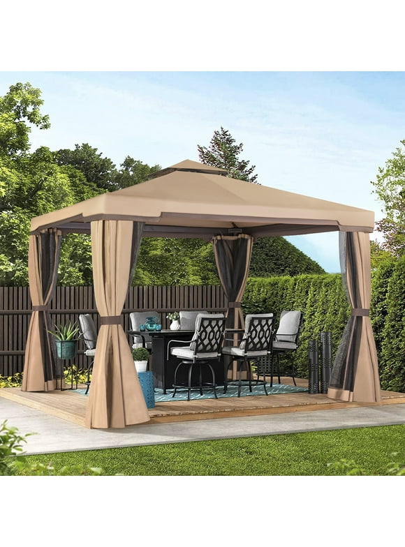 SUNCROWN 10' x 10' Outdoor Patio Canopy Gazebo with Mosquito Netting- Beige