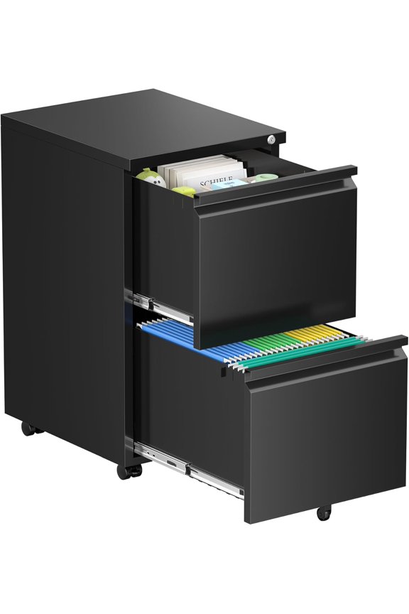 SUNCROWN 2 Drawer File Cabinet, Metal Filing Cabinets for Home Office with Lock Wheels, Small Mobile File Cabinets for A4/Legal/Letter File, Printer Stand, Under Desk Mobile File Cabinet(Black)