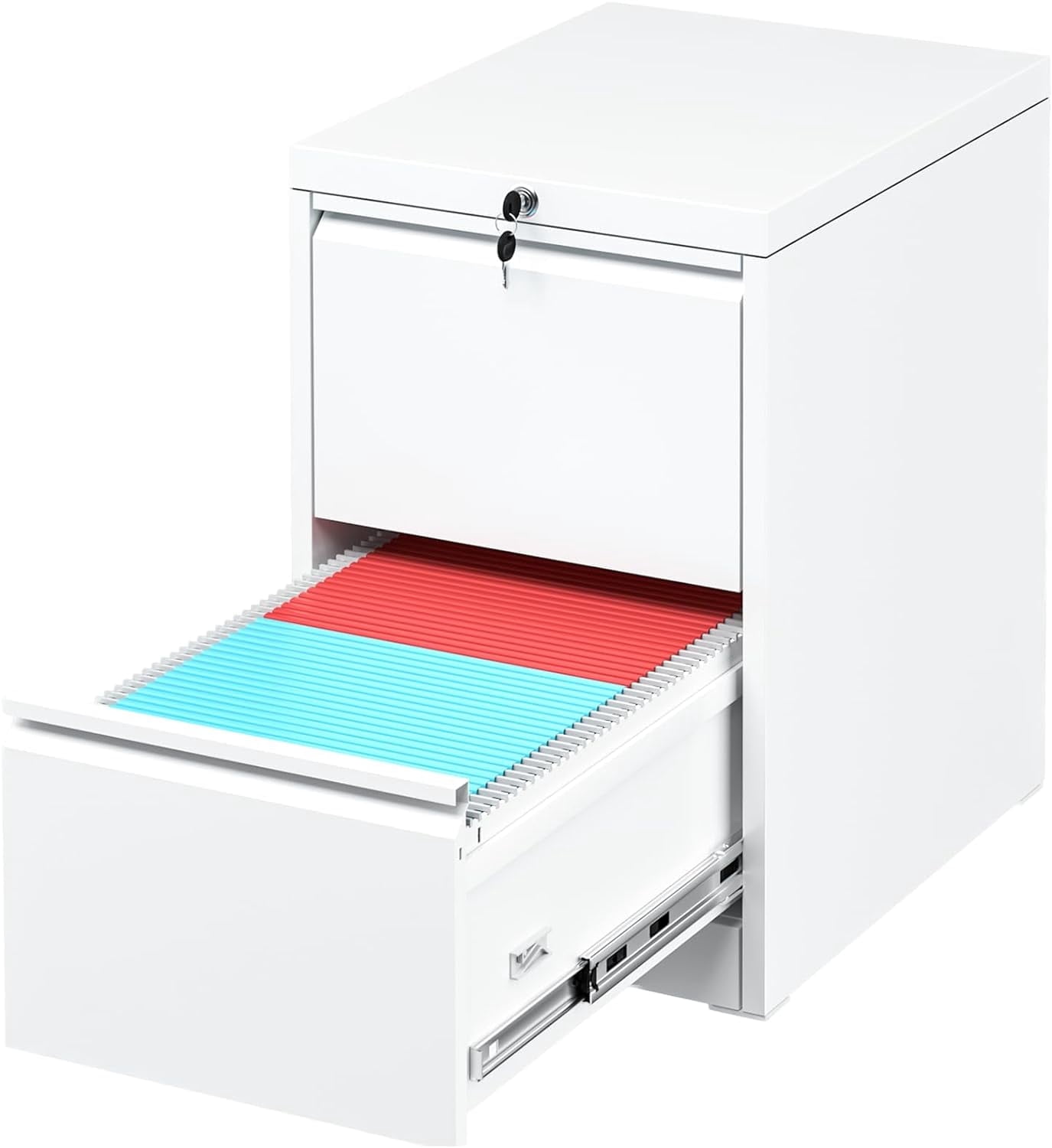 SUNCROWN 2 Drawer File Cabinet with Lock, White Lateral Filing Cabinet, Metal Narrow Storage Cabinet with 4 Adjustable Hanging Frame for Home Office