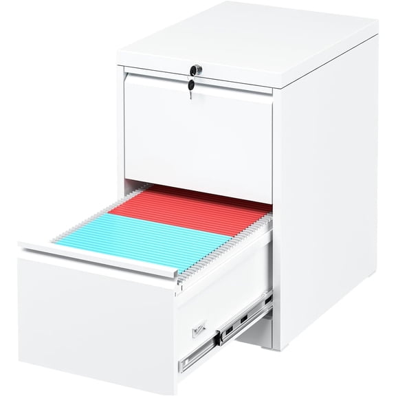 SUNCROWN 2 Drawer File Cabinet with Lock, White Lateral Filing Cabinet, Metal Narrow Storage Cabinet with 4 Adjustable Hanging Frame for Home Office