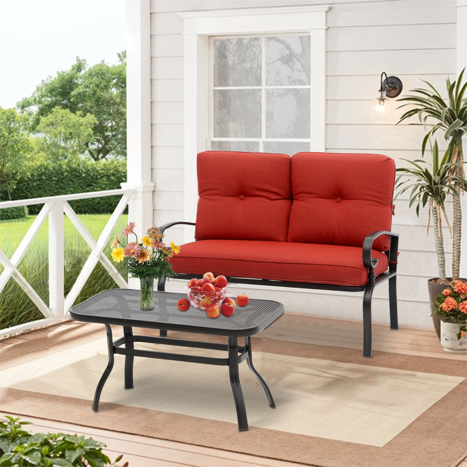 SUNCROWN 2-Piece Patio Furniture Outdoor Loveseat Set Wrought Iron Frame Bench Sofa with Coffee Table, Red - image 1 of 6