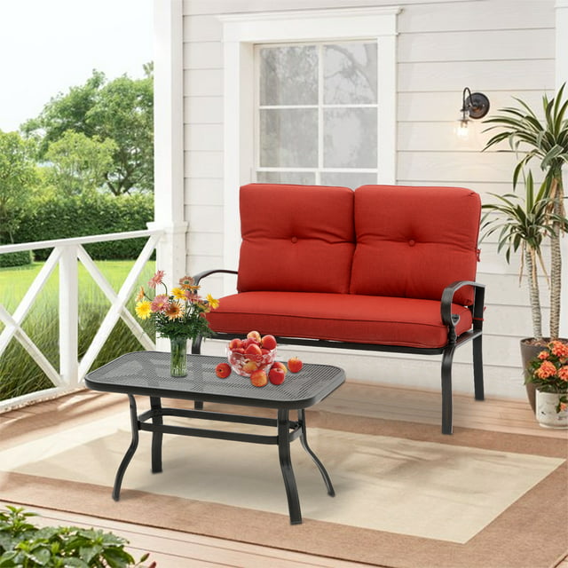 SUNCROWN 2-Piece Patio Furniture Outdoor Loveseat Set Wrought Iron Frame Bench Sofa with Coffee Table, Red
