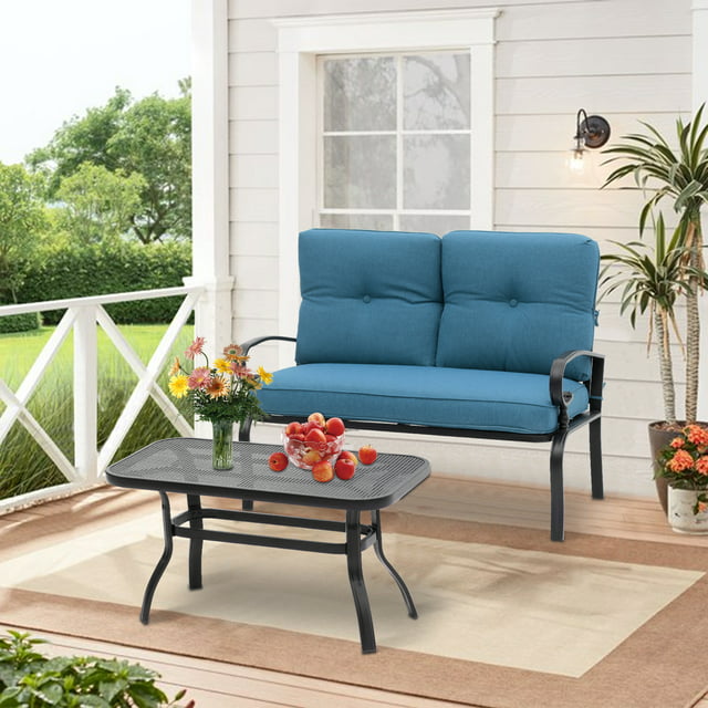 SUNCROWN 2-Piece Patio Furniture Outdoor Loveseat Set Wrought Iron Frame Peacock Blue Cushions Bench Sofa with Coffee Table